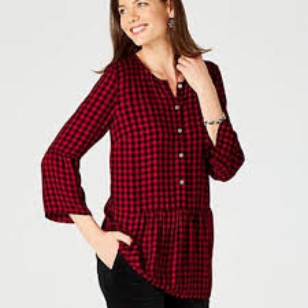 J.Jill Buffalo Plaid Check Peplum Tunic Top XS
